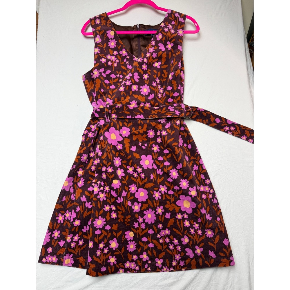 Princess Highway Brown Floral Corduroy Belted A-Line Dress Retro Womens 16